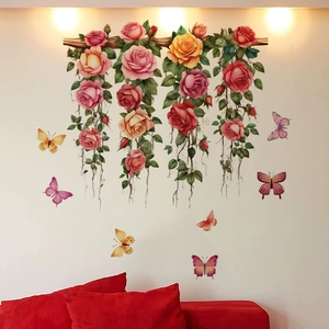 Stickers muraux panier de roses suspendu et papillons colorés pour décoration maison