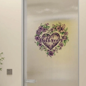 Purple heart rose wall decal with Bathroom text on frosted glass door for home decor
