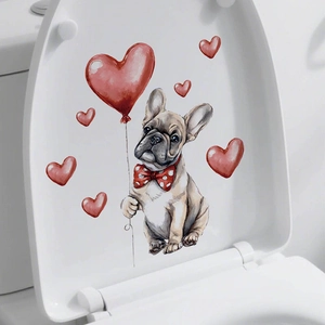 Cute French Bulldog with red heart balloon PVC wall sticker on a white toilet lid cover