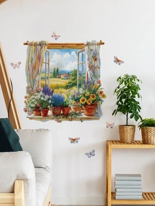 Dettaglio di adesivi murali finestra 3D con paesaggio floreale e farfalle decorative
