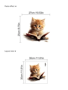 Detailed size chart for cute orange cat reading book wall sticker, 30x30cm PVC sheet