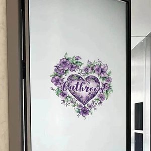Purple floral heart wall sticker with Bathroom text on frosted glass door background