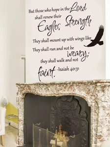 Inspirational Bible verse wall sticker with eagle silhouette above a marble fireplace mantel
