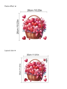 Detailed size guide for heart flower basket wall sticker with paste and layout dimensions