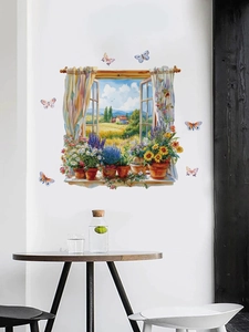 Dettaglio dell'adesivo murale 3D finestra con girasoli e vista giardino finto