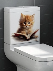 Detail view of 3D waterproof PVC sticker featuring an orange kitten reading a red book