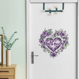 Purple floral heart wall decal with Bathroom lettering for romantic door decoration