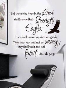 Detailed view of Isaiah 40:31 vinyl wall decal with eagle silhouette on a white wall