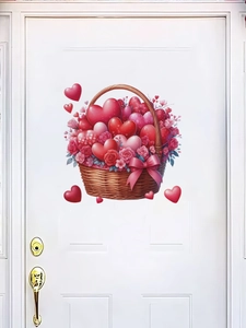 Detailed wall sticker featuring a floral basket with red hearts and roses on a white door
