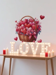Romantic heart flower basket wall sticker for Valentine's home decor set with red hearts