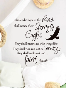 Detail of wall decal featuring bald eagle silhouette and Isaiah 40:31 religious scripture