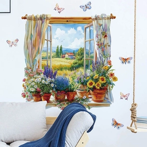Adesivo Murale 3D a Falsa Finestra Paesaggio Pastorale Scenario Fiore Farfalla Murales Autoadesivo in PVC Decorazione Casa
