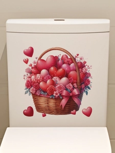 Macro detail of Valentine heart basket and rose stickers on a white toilet tank