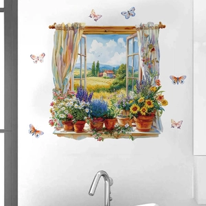 Adesivo murale 3D finestra finta paesaggio rurale con farfalle per decorazione