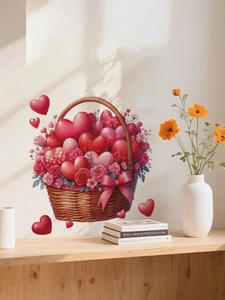 Detail of PVC wall sticker with heart flower basket on a light gray wall background