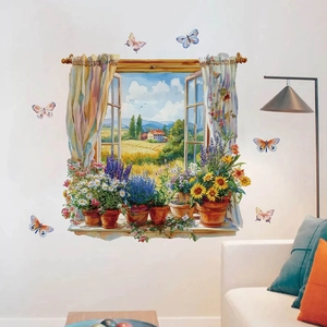 Adesivo murale 3D con finta finestra, paesaggio pastorale e decorazioni a farfalla
