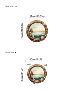 3D porthole wall sticker layout with paste effect showing seaside sunset view