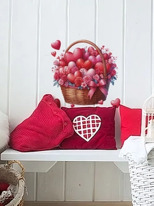 Close-up of Valentine heart flower basket wall sticker on a white wooden background
