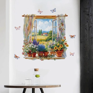 Adesivo murale 3D con vista finestra pastorale, girasoli e farfalle colorate vivaci