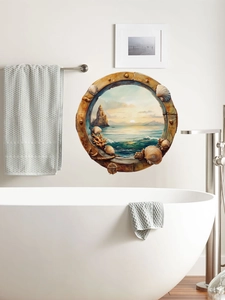 3D vintage nautical porthole wall sticker with sunset sea view on bathroom wall
