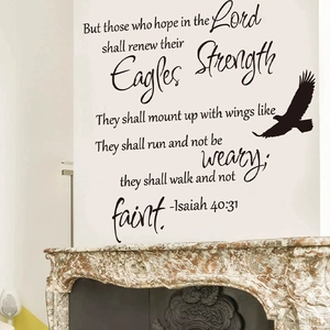 Inspirational Isaiah 40:31 eagle wall decal above a classic fireplace mantel