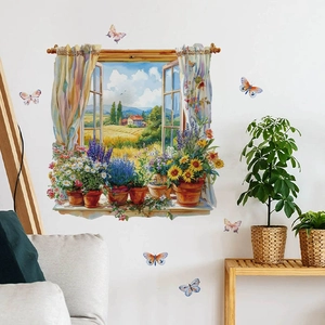 Adesivo murale 3D con finestra su paesaggio pastorale, girasoli, lavanda e farfalle colorate