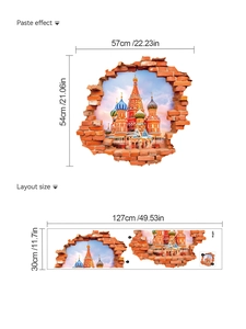 3D St. Basil's Cathedral wall sticker with broken wall visual effect and layout size details