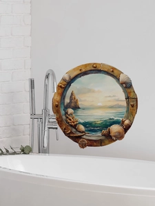 3D nautical porthole wall sticker with ocean sunrise view on white brick bathroom tile