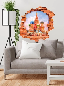 Detailed 3D wall decal of Saint Basil Cathedral featuring realistic red brick break effect