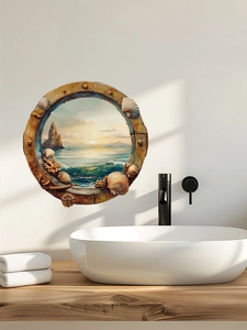 Detailed 3D ocean porthole wall sticker with sunset and shells in a modern bathroom