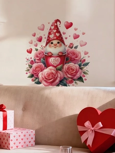 Détail d'un sticker mural de gnome de Saint-Valentin avec roses roses et mug Love You