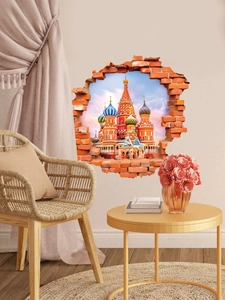 Detailed 3D wall sticker of Saint Basil Cathedral appearing through a broken brick wall