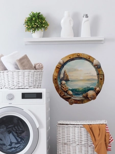 Realistic 3D ocean porthole wall sticker with lighthouse and seashells for home decor