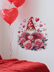 Détail du sticker mural gnome de Saint-Valentin dans une tasse avec roses et ballons
