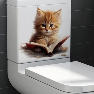 Cute 3D orange kitten reading a book waterproof PVC wall sticker for toilet decoration