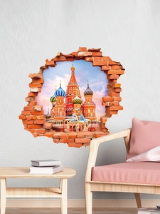 Detail view of 3D cracked wall decal featuring Saint Basil Cathedral with blue sky backdrop