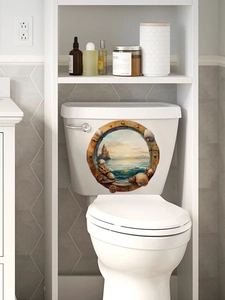 Detailed macro view of 3D circular nautical porthole sticker with ocean sunset on a toilet tank