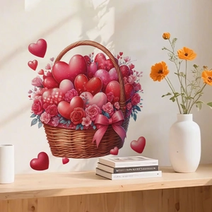 Romantic heart flower basket wall decal with red roses and pink bow for home decor