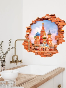 Detailed 3D wall sticker featuring Saint Basil Cathedral with realistic broken brick wall effect