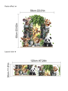 Detailed dimensions for cartoon animal wall stickers showing layout and paste size