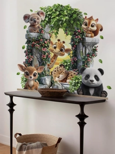 Detail of forest animals wall stickers showing panda and koala around a floral arch