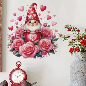 Sticker mural gnome de la Saint-Valentin dans une tasse avec roses et cœurs
