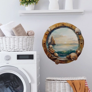 3D ocean porthole wall sticker with sunset seascape for bathroom and home decor