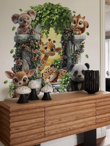3D cartoon animal wall sticker featuring panda and deer for kids' room wall decor
