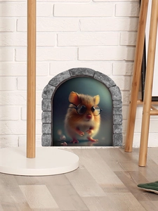3D-Wandaufkleber mit Hamster und Brille hinter einem Steinbogen auf einer weißen Wand