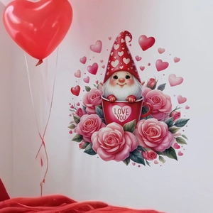 Sticker mural gnome de la Saint-Valentin dans une tasse avec roses et cœurs