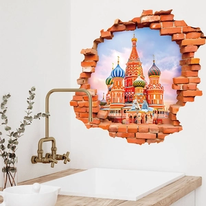 3D Creative Wall Sticker Saint Basil Cathedral Broken Red Brick Wall Effect PVC Waterproof Removable Home Decor Mural