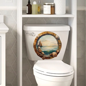3D porthole wall sticker with ocean sunset and coral reef for bathroom toilet decor