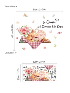 Detail of kitchen wall decal with teapot and Spanish quote La Cocina es el Corazón de la Casa