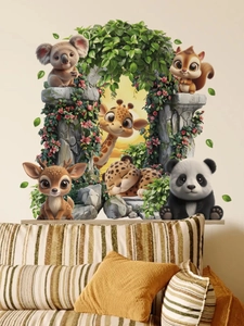 Detail of cartoon forest animals wall stickers showing panda and giraffe on living room wall